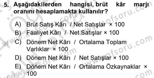 Mali Analiz Dersi 2023 - 2024 Yılı Yaz Okulu Sınav Soruları 5. Soru