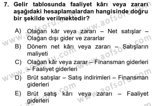 Mali Analiz Dersi 2023 - 2024 Yılı Yaz Okulu Sınav Soruları 7. Soru