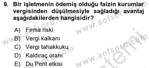 Mali Analiz Dersi 2023 - 2024 Yılı Yaz Okulu Sınav Soruları 9. Soru