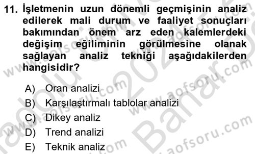 Mali Analiz Dersi 2024 - 2025 Yılı (Vize) Ara Sınav Soruları 11. Soru