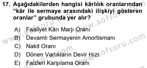 Mali Analiz Dersi 2024 - 2025 Yılı (Vize) Ara Sınav Soruları 17. Soru