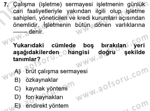 Mali Analiz Dersi 2024 - 2025 Yılı (Vize) Ara Sınav Soruları 7. Soru