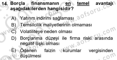 Mali Analiz Dersi 2024 - 2025 Yılı (Final) Dönem Sonu Sınav Soruları 14. Soru