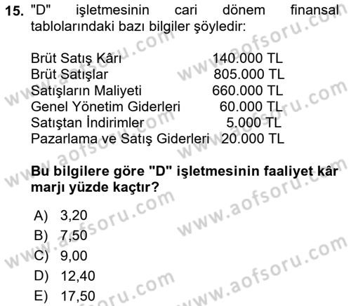 Mali Analiz Dersi 2024 - 2025 Yılı (Final) Dönem Sonu Sınav Soruları 15. Soru