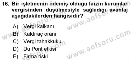 Mali Analiz Dersi 2024 - 2025 Yılı (Final) Dönem Sonu Sınav Soruları 16. Soru