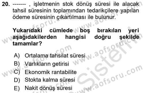 Mali Analiz Dersi 2024 - 2025 Yılı (Final) Dönem Sonu Sınav Soruları 20. Soru