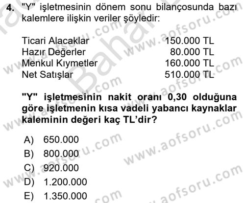 Mali Analiz Dersi 2024 - 2025 Yılı (Final) Dönem Sonu Sınav Soruları 4. Soru