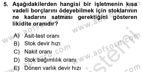 Mali Analiz Dersi 2024 - 2025 Yılı (Final) Dönem Sonu Sınav Soruları 5. Soru