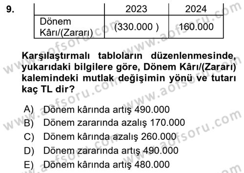 Mali Analiz Dersi 2024 - 2025 Yılı (Final) Dönem Sonu Sınav Soruları 9. Soru