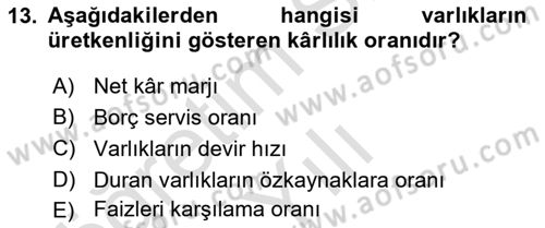 Mali Analiz Dersi 2024 - 2025 Yılı Yaz Okulu Sınav Soruları 13. Soru