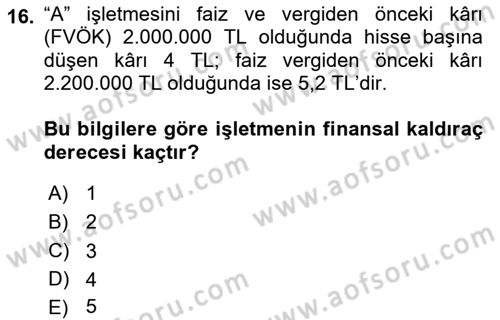 Mali Analiz Dersi 2024 - 2025 Yılı Yaz Okulu Sınav Soruları 16. Soru