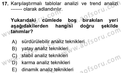 Mali Analiz Dersi 2024 - 2025 Yılı Yaz Okulu Sınav Soruları 17. Soru