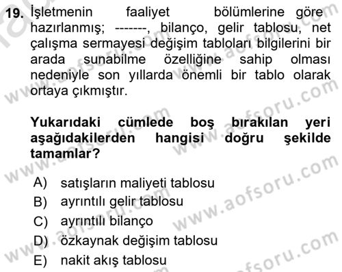 Mali Analiz Dersi 2024 - 2025 Yılı Yaz Okulu Sınav Soruları 19. Soru