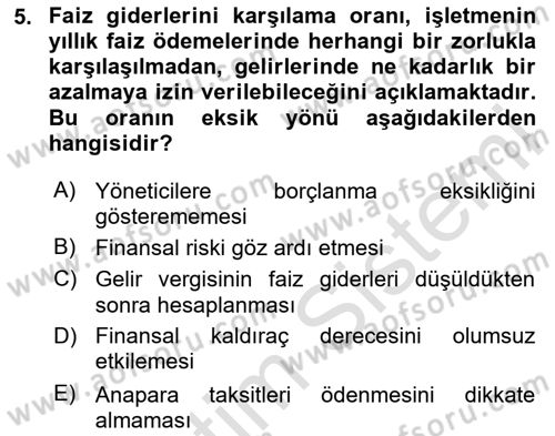 Mali Analiz Dersi 2024 - 2025 Yılı Yaz Okulu Sınav Soruları 5. Soru