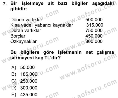 Mali Analiz Dersi 2024 - 2025 Yılı Yaz Okulu Sınav Soruları 7. Soru