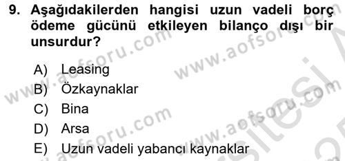 Mali Analiz Dersi 2024 - 2025 Yılı Yaz Okulu Sınav Soruları 9. Soru