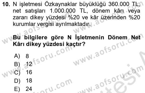 Mali Analiz Dersi 2025 - 2026 Yılı (Vize) Ara Sınav Soruları 10. Soru