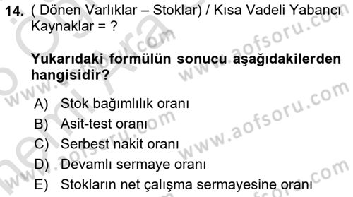Mali Analiz Dersi 2025 - 2026 Yılı (Vize) Ara Sınav Soruları 14. Soru