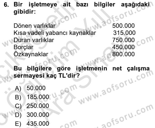 Mali Analiz Dersi 2025 - 2026 Yılı (Vize) Ara Sınav Soruları 6. Soru