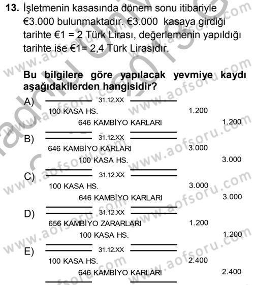 Envanter ve Bilanço Dersi 2012 - 2013 Yılı (Vize) Ara Sınavı 13. Soru