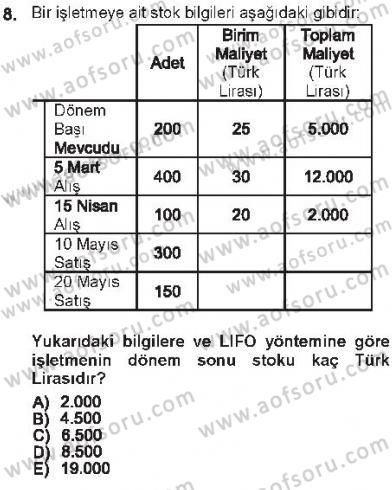 Envanter ve Bilanço Dersi 2012 - 2013 Yılı Tek Ders Sınavı 8. Soru