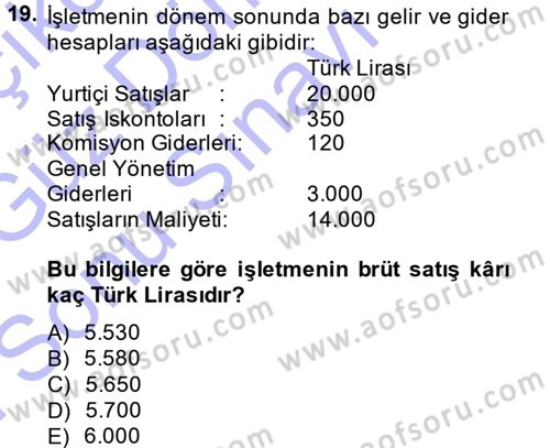 Envanter ve Bilanço Dersi 2013 - 2014 Yılı (Final) Dönem Sonu Sınavı 19. Soru