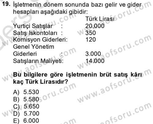 Envanter ve Bilanço Dersi 2013 - 2014 Yılı Tek Ders Sınavı 19. Soru