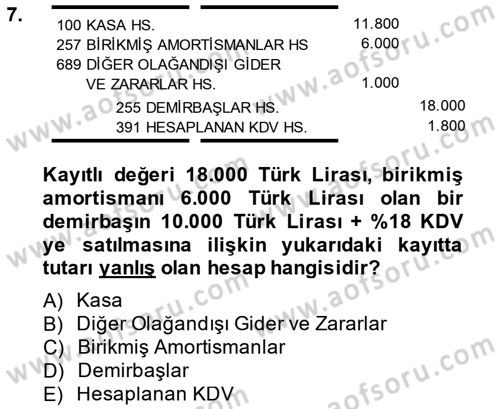 Envanter ve Bilanço Dersi 2013 - 2014 Yılı Tek Ders Sınavı 7. Soru