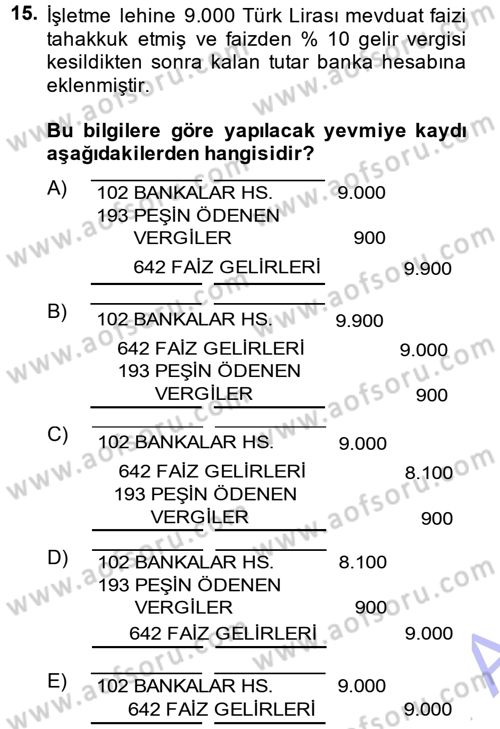 Envanter ve Bilanço Dersi 2014 - 2015 Yılı (Vize) Ara Sınavı 15. Soru