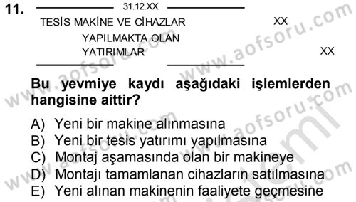 Envanter ve Bilanço Dersi 2014 - 2015 Yılı Tek Ders Sınavı 11. Soru