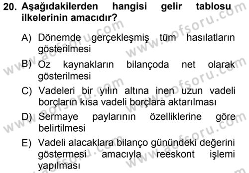 Envanter ve Bilanço Dersi 2014 - 2015 Yılı Tek Ders Sınavı 20. Soru