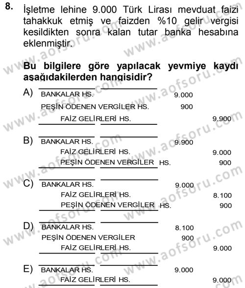 Envanter ve Bilanço Dersi 2014 - 2015 Yılı Tek Ders Sınavı 8. Soru