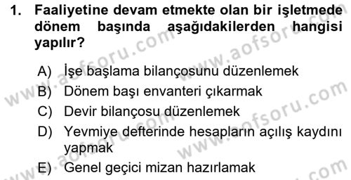 Envanter ve Bilanço Dersi 2015 - 2016 Yılı (Vize) Ara Sınavı 1. Soru