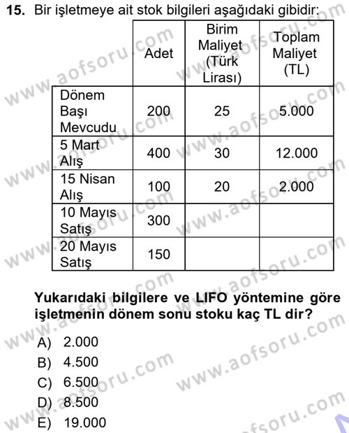 Envanter ve Bilanço Dersi 2015 - 2016 Yılı (Vize) Ara Sınavı 15. Soru