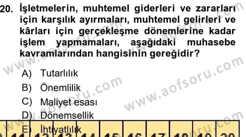 Envanter ve Bilanço Dersi 2015 - 2016 Yılı (Vize) Ara Sınavı 20. Soru