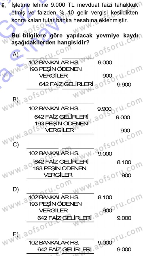 Envanter ve Bilanço Dersi 2015 - 2016 Yılı (Vize) Ara Sınavı 6. Soru