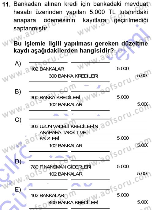 Envanter ve Bilanço Dersi 2015 - 2016 Yılı (Final) Dönem Sonu Sınavı 11. Soru