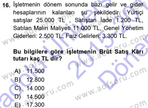 Envanter ve Bilanço Dersi 2015 - 2016 Yılı (Final) Dönem Sonu Sınavı 16. Soru