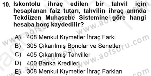 Envanter ve Bilanço Dersi 2015 - 2016 Yılı Tek Ders Sınavı 10. Soru