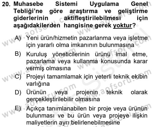 Envanter ve Bilanço Dersi 2015 - 2016 Yılı Tek Ders Sınavı 20. Soru