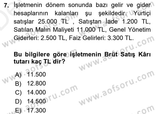 Envanter ve Bilanço Dersi 2015 - 2016 Yılı Tek Ders Sınavı 7. Soru