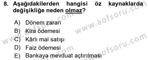 Envanter ve Bilanço Dersi 2015 - 2016 Yılı Tek Ders Sınavı 8. Soru