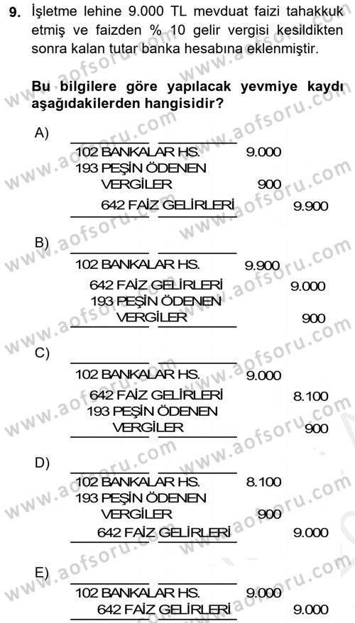 Envanter ve Bilanço Dersi 2015 - 2016 Yılı Tek Ders Sınavı 9. Soru