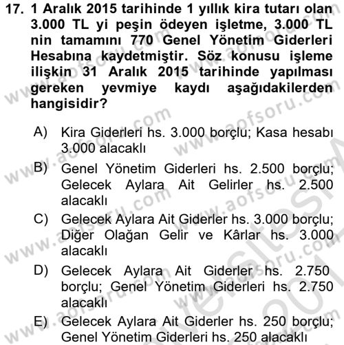 Envanter ve Bilanço Dersi 2016 - 2017 Yılı (Vize) Ara Sınavı 17. Soru