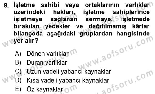 Envanter ve Bilanço Dersi 2016 - 2017 Yılı (Vize) Ara Sınavı 8. Soru