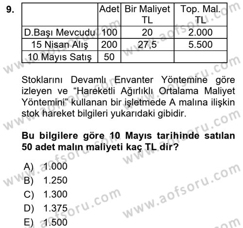 Envanter ve Bilanço Dersi 2016 - 2017 Yılı (Vize) Ara Sınavı 9. Soru