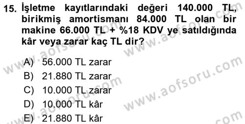 Envanter ve Bilanço Dersi 2016 - 2017 Yılı (Final) Dönem Sonu Sınavı 15. Soru