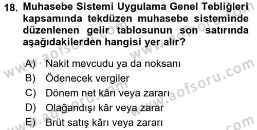 Envanter ve Bilanço Dersi 2016 - 2017 Yılı (Final) Dönem Sonu Sınavı 18. Soru