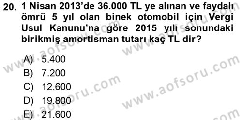 Envanter ve Bilanço Dersi 2016 - 2017 Yılı (Final) Dönem Sonu Sınavı 20. Soru