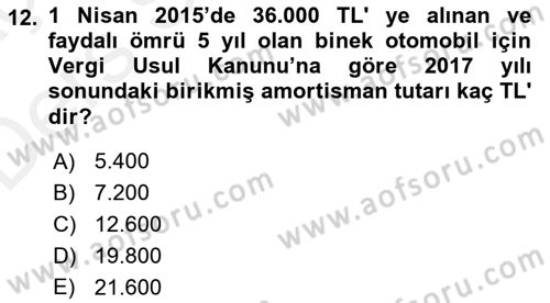 Envanter ve Bilanço Dersi 2017 - 2018 Yılı 3 Ders Sınavı 12. Soru